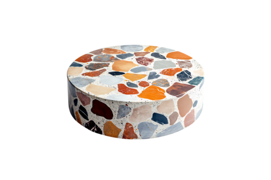 Terrazzo stone round table with colorful stone inlays, transparent background