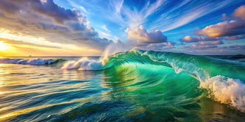 A majestic emerald wave crashes against the backdrop of a breathtaking sunset, its powerful energy creating a captivating display of nature's raw beauty.