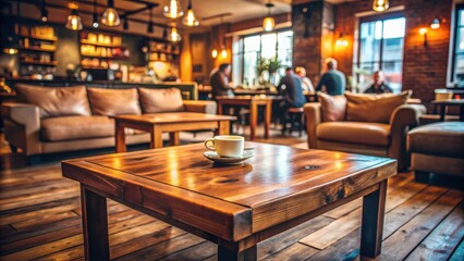 Fototapeta premium A solitary cup of coffee sits on a rustic wooden table in a warm and inviting cafe setting.