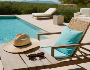 Luxury poolside scene with an empty lounge chair, straw hat, sunglasses, and a cold drink placed on a small table, turquoise water, calm summer afternoon, bright lighting.