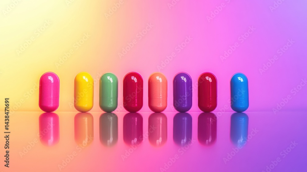 Poster colorful capsules arranged in a row on a gradient background
