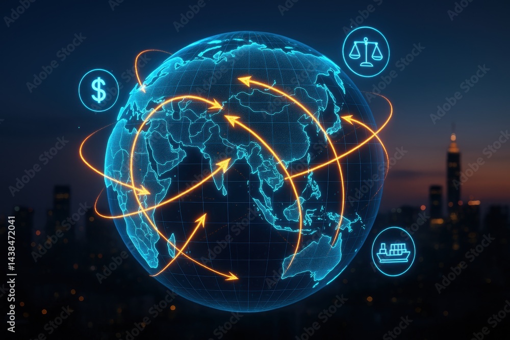 Poster global network and connectivity: a vivid illustration of a luminous globe enveloped by interconnecte