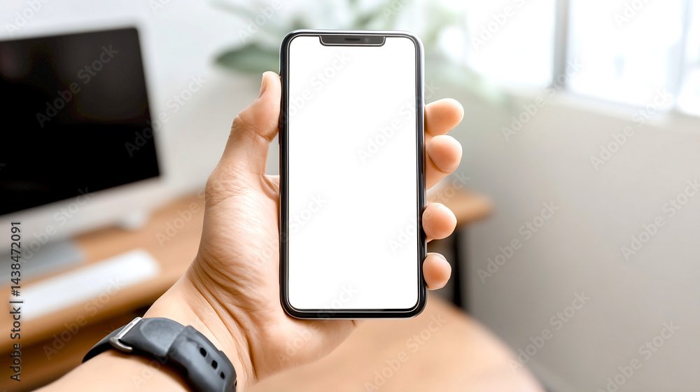 Poster Hand holding smartphone with a blank screen ready for apps and notifications showcasing mobile technology : Generative AI