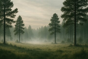 Misty Timber Field at Dawn with Lush Greenery and Gentle Fog