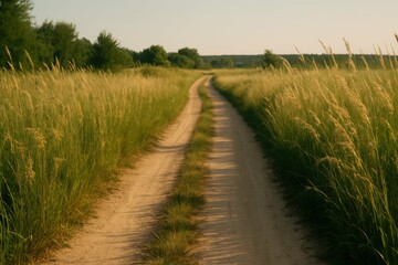 Fototapeta premium Serene Dirt Pathway Surrounded by Lush Green Grass Fields