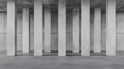 A minimalist black and white image of a concrete room with columns.