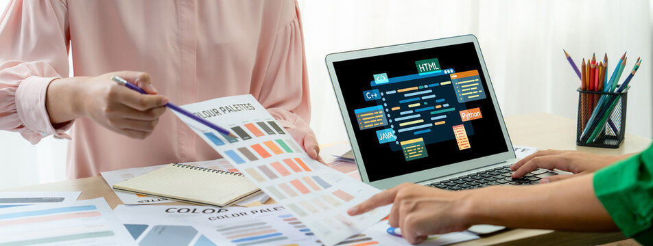 Software development or programming work with coding screen of various programming languages like HTML, Python, Java, and C brisk for new application development