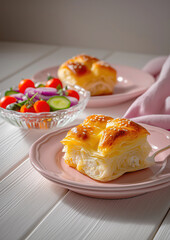 Savory pastries and fresh salad on pink plates in sunlit setting