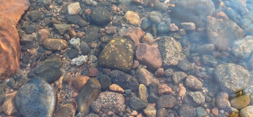 Calm riverbed with smooth pebbles and clear water during a sunny afternoon in nature