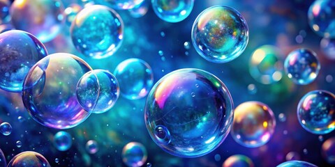 A cluster of iridescent soap bubbles with a galaxy-like pattern reflected within, floating on a blue background, creating a dreamy and ethereal visual effect.