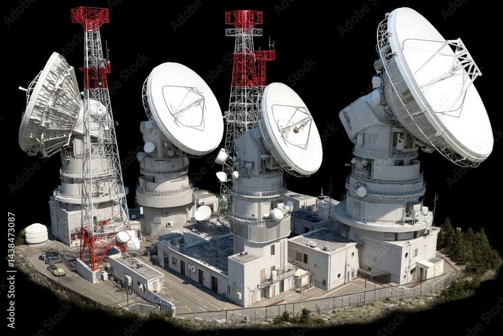 Poster satellite communication station with multiple antennas and structures.