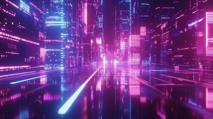 Futuristic neon cityscape digital metropolis high-tech environment vibrant light show urban perspective