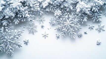 Close-up of delicate snowflakes scattered on a white surface, showcasing intricate designs and textures