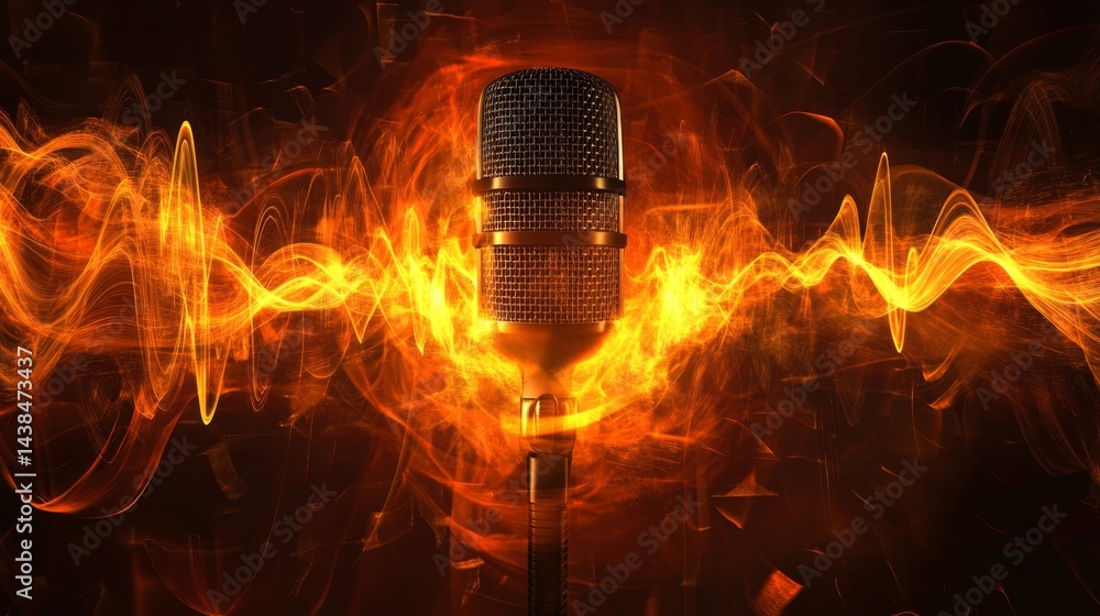 Poster dynamic microphone performance music studio digital art fiery background close-up view sound waves v