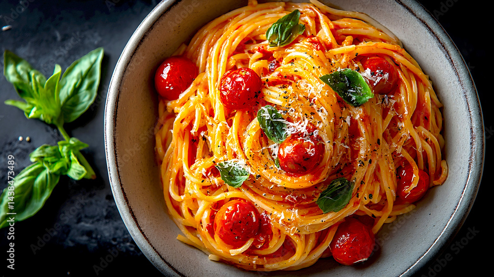 Poster delicious spaghetti with cherry tomatoes and basil served in a rustic bowl : generative ai
