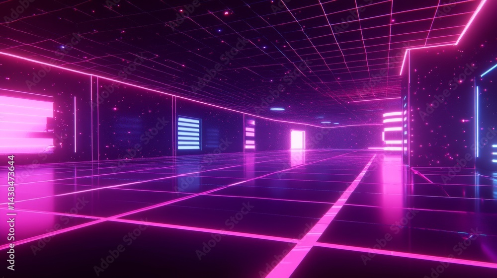 Poster neon light display virtual space digital artwork futuristic environment wide angle view visual exper