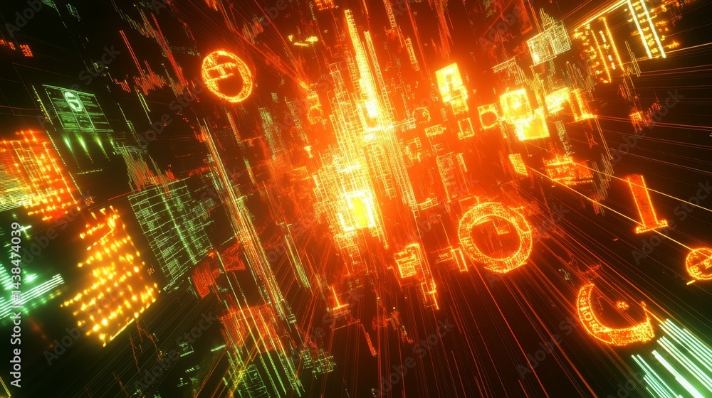 Poster dynamic digital explosion virtual space abstract art cyber environment aerial view futuristic concep