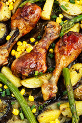 Oven Baked Chicken Legs, Food background.