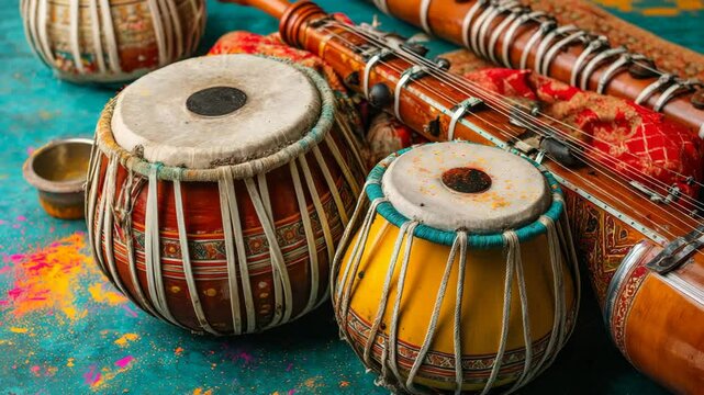 Still life featuring pair of tabla drums with sitar and flute on ornate teal surface with colorful powder splashes for music concept.