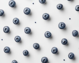 Fresh blueberries arranged in a symmetrical pattern on a white surface