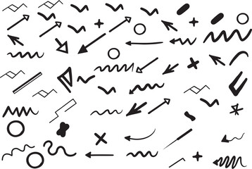 Hand drawn doodle wavy and curve pointer element seamless patterns. Scribble design elements like Arrows, stars, and swirls, perfect for creative and playful design projects.