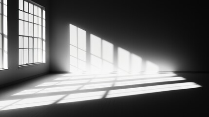Sunlight streams into a room, casting long shadows and illuminating the white walls and floor.
