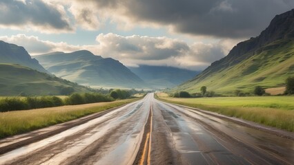 Naklejka premium A winding, wet road meanders through a lush green landscape,