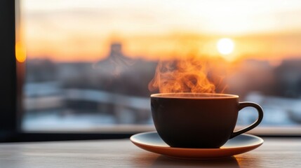 A steaming cup of coffee sits on a wooden table, with a cityscape visible through a window.