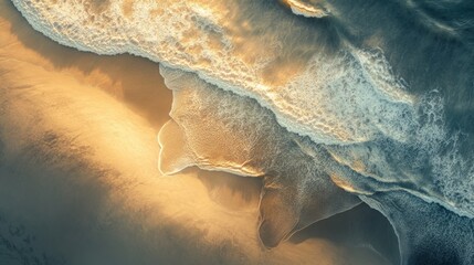 Waves crashing on golden sands aerial view coastal landscape peaceful environment