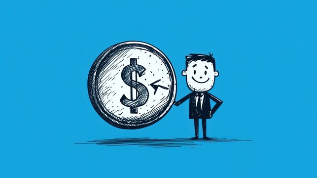 Happy businessman saving time and money; blue background; financial success