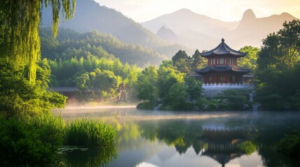 Fototapeta premium Tranquil reflection of an ancient pavilion serene riverbank nature scene morning mist panoramic view cultural heritage