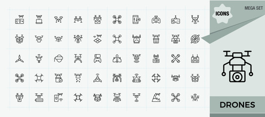 Drones modern icon set. Fly modern icon set. Outline icons pack. Contains such icons as technology, aerial, flight, helicopter, air, aviation, transport. Editable stroke. Vector collection.