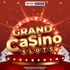Grand casino slots 3d editable text effect vector. Editable typography for vegas slots games, poker, dice, cards, jackpot, and lucky winner themes.
