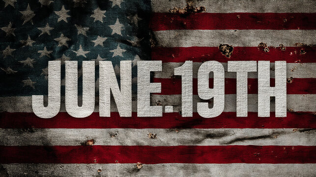 An Americana sign with the text, &ldquo;JUNE-19TH&rdquo; is overlayed onto an image of a weathered United States flag.