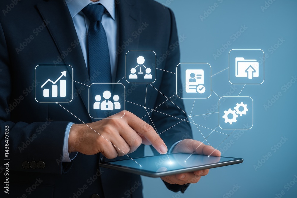 Poster business data analysis: a professional uses a digital tablet to interact with data analysis interfac
