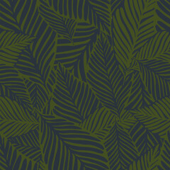 Seamless Tropical Leaves Pattern in Dark Green and Navy