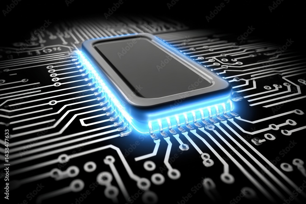Poster futuristic circuit board with a glowing microchip design.
