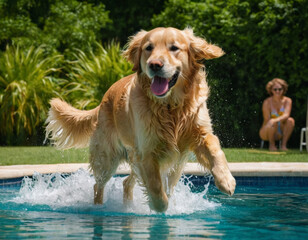 Playful golden retriever shaking off water next to a swimming pool, sunny day, happy summer energy, lush greenery around, fresh and vibrant atmosphere, cinematic capture