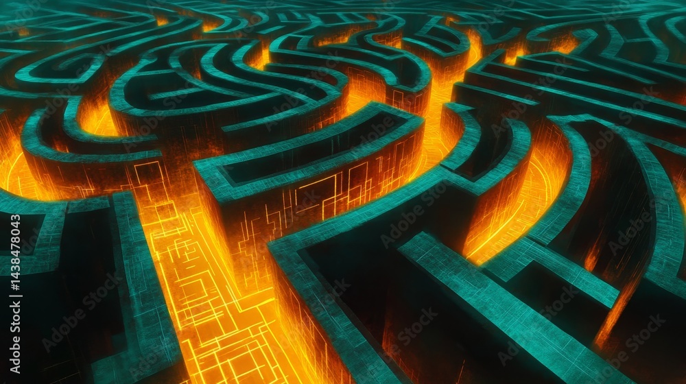 Poster digital maze challenge enigmatic puzzle in a futuristic landscape virtual reality interactive experi