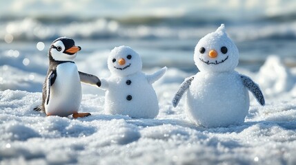 Fototapeta premium Snowy beach scene with penguins and snowmen.