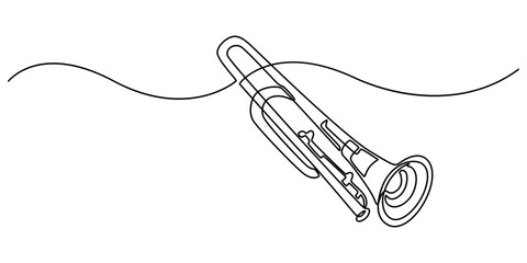 Obraz premium One line drawing of trumpet design. Classical jazz music instrument. Vector illustration simple continuous outline style, One single line drawing of luxury bass trombone. Wind music instruments style.