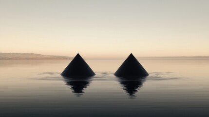 Two black pyramids in the water.