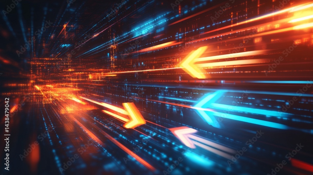 Poster dynamic light trails of digital arrows abstract environment high-tech visuals futuristic concept