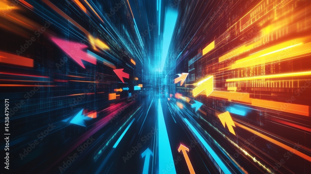 Poster dynamic arrow motions indicating progression digital space abstract visuals futuristic environment h