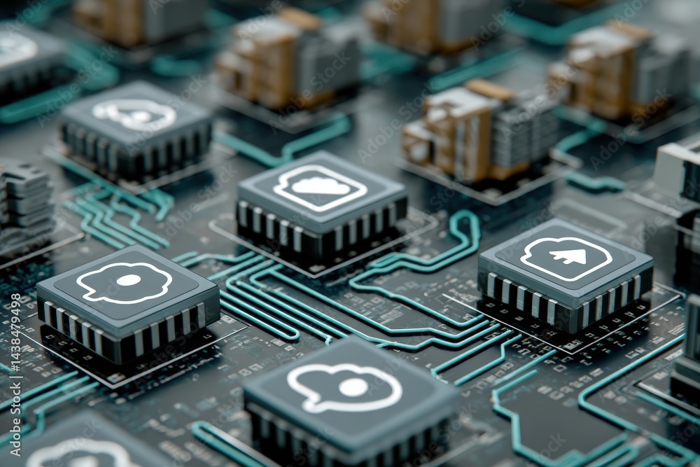 Poster close-up of a circuit board with intricate electronic components.