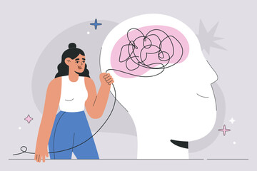 Woman Dealing with Mental Health Issues. Unraveling a Tangle of Problems, Emotional Healing, Inner Clarity, Psychotherapy, Depression Recovery and Personal Growth Flat Illustrated Vector Concept