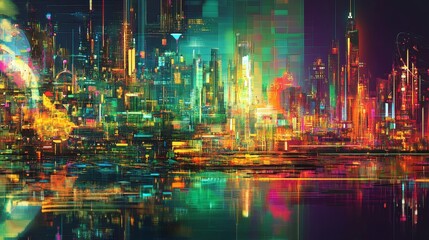 Obraz premium Vibrant cityscape nightlife futuristic urban setting digital art neon colors aerial view futuristic concepts