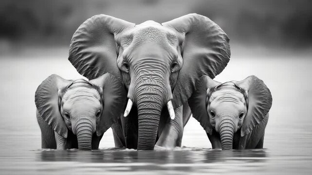 Three elephants wade through shallow water, their trunks submerged, their wrinkled skin textured in striking grayscale monochrome, looking at viewer