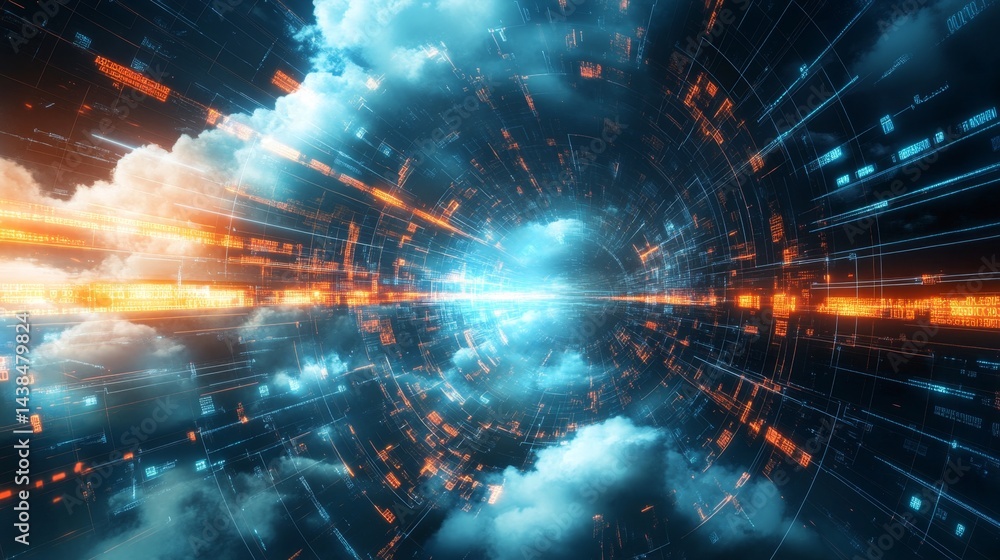 Poster futuristic data stream journey virtual space digital art sci-fi environment dynamic perspective inno