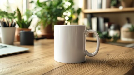 Fototapeta premium Coffee mug mockup with inspirational design on a flatlay desk scene